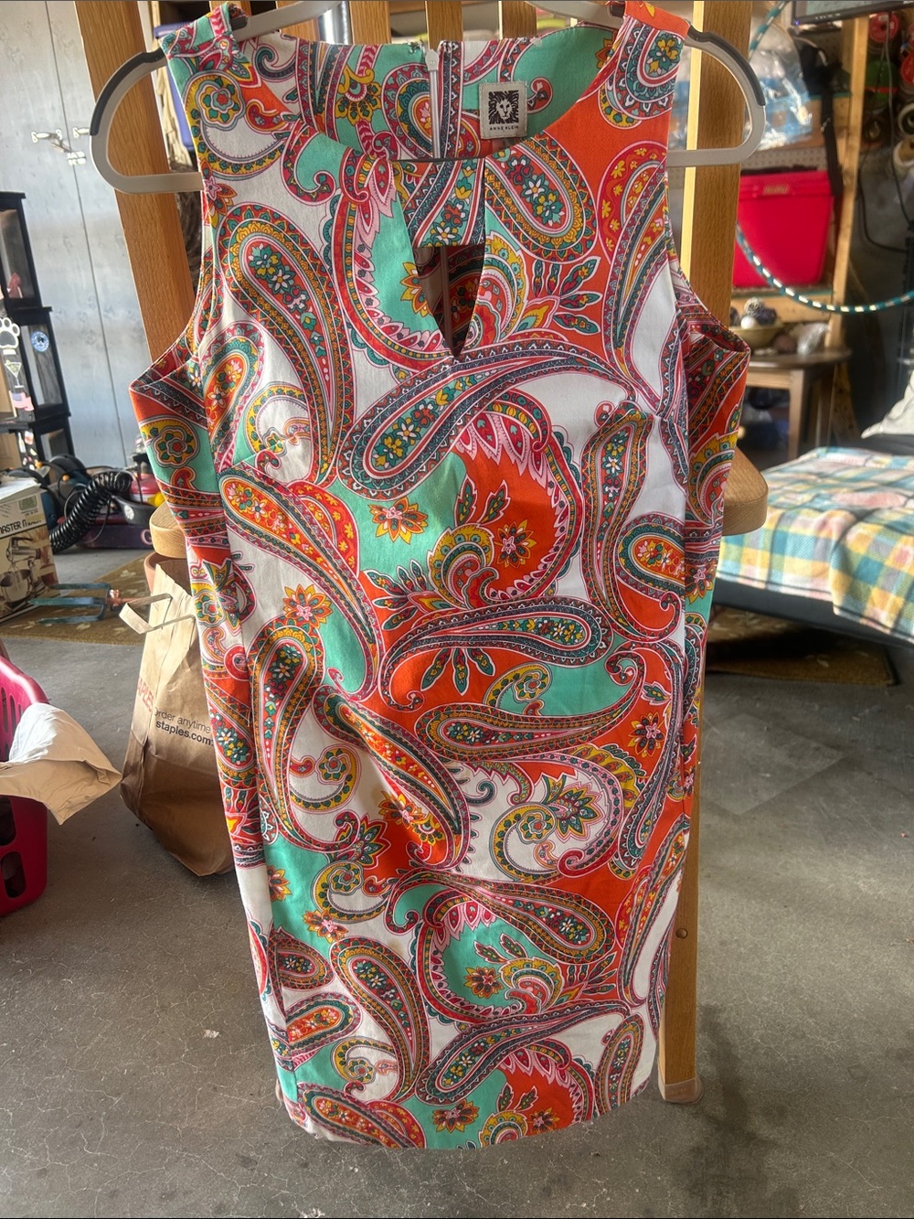 Anne Klein Sleeveless Paisley Mini Dress in Orange, Teal & White